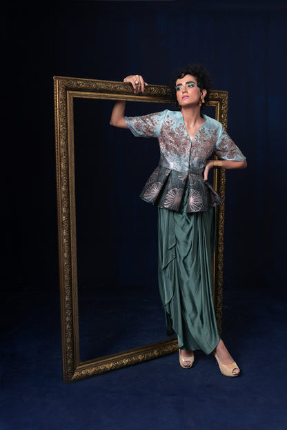 Aqua blue green ombre jacquard weave peplum top