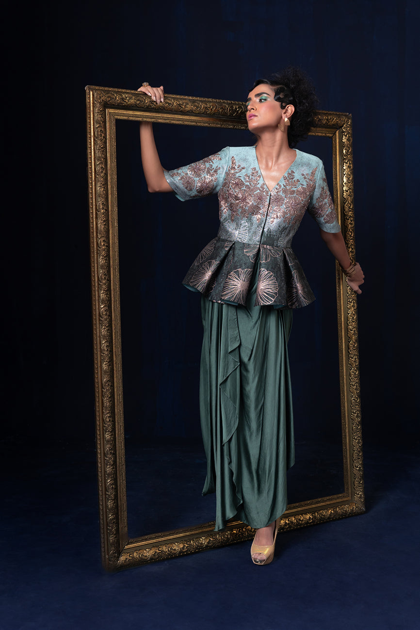 Aqua blue green ombre jacquard weave peplum top