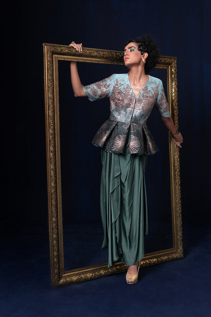 Aqua blue green ombre jacquard weave peplum top