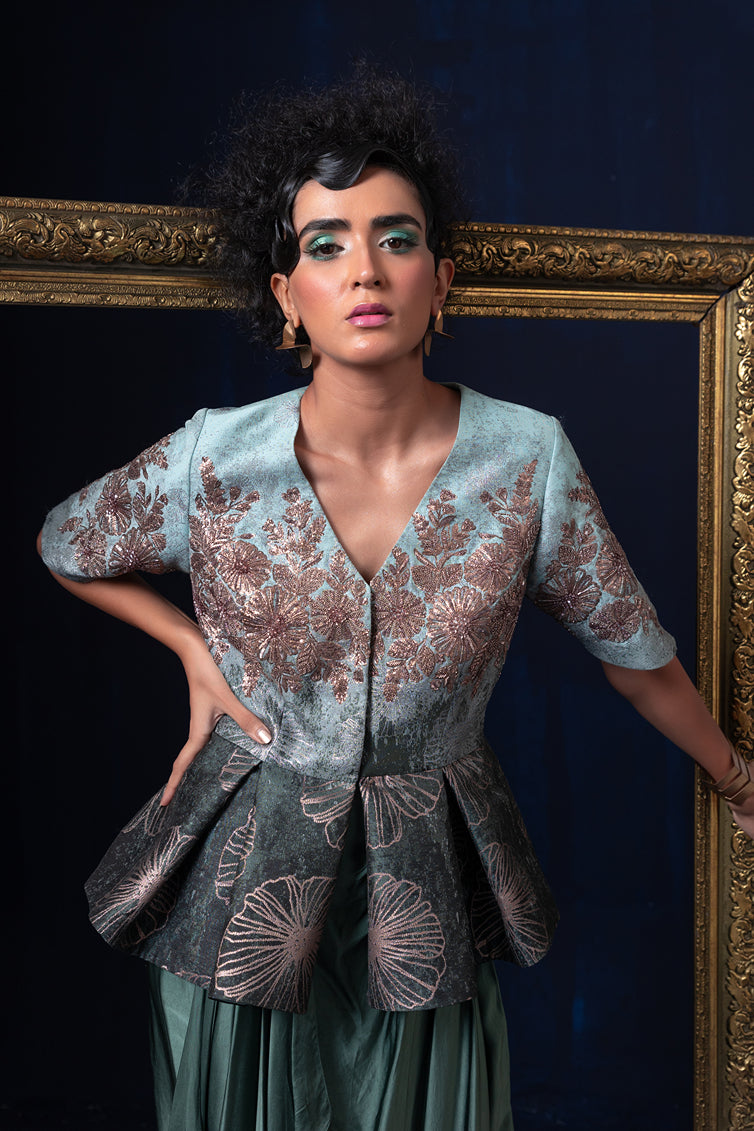 Aqua blue green ombre jacquard weave peplum top