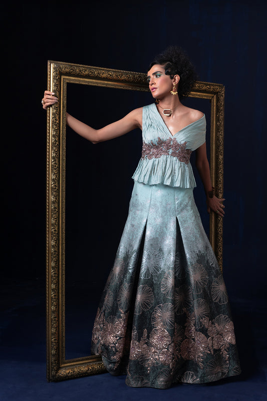 Aqua blue green ombre jacquard weave one off shoulder Lehnga set