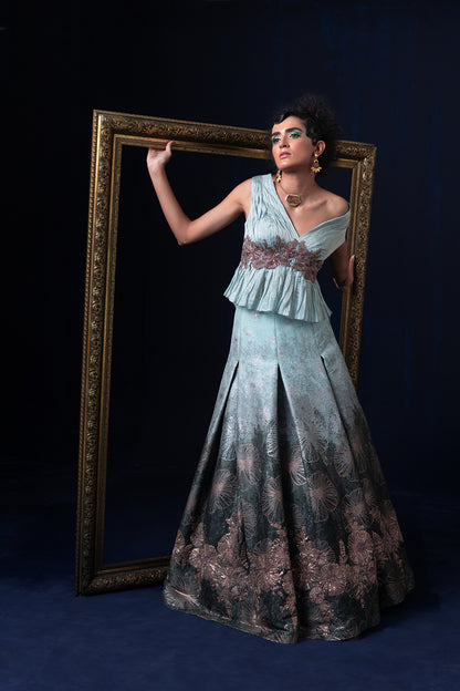 Aqua blue green ombre jacquard weave one off shoulder Lehnga set
