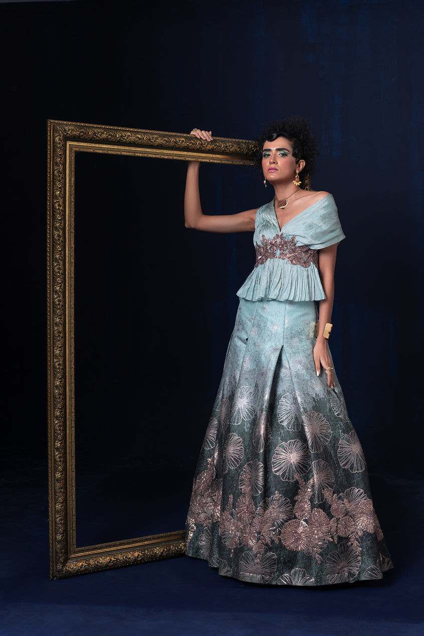 Aqua blue green ombre jacquard weave one off shoulder Lehnga set