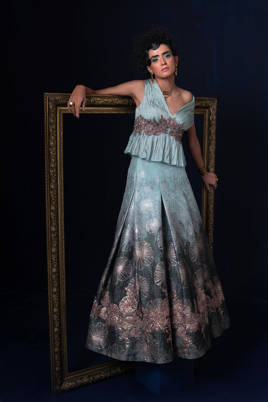 Aqua blue green ombre jacquard weave one off shoulder Lehnga set