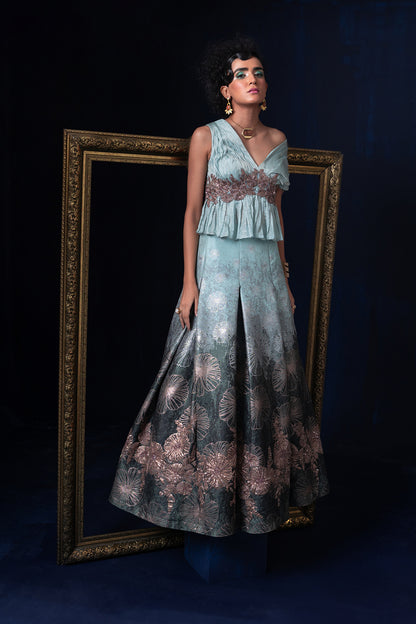 Aqua blue green ombre jacquard weave one off shoulder Lehnga set