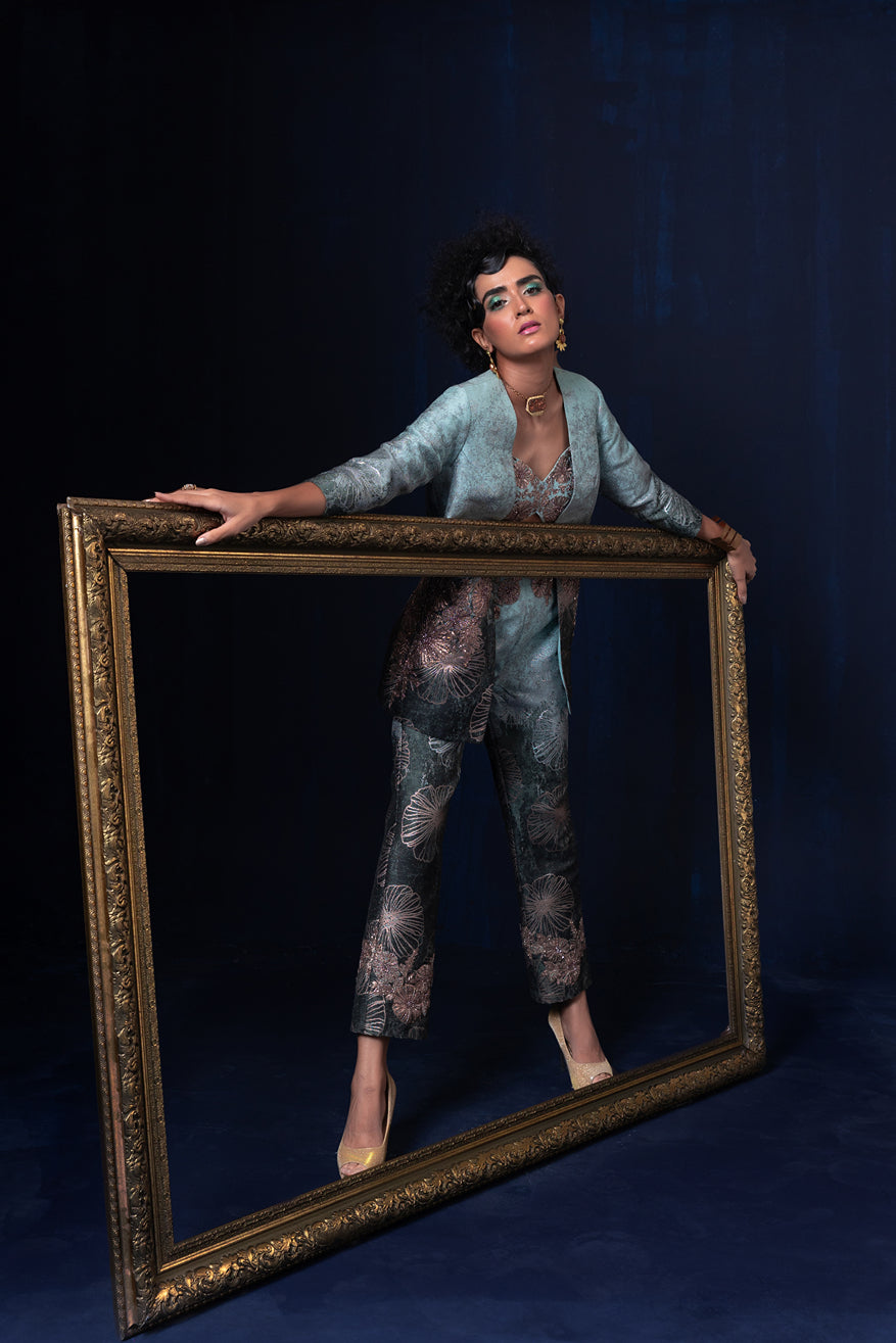 Aqua blue green ombre jacquard weave jacket set