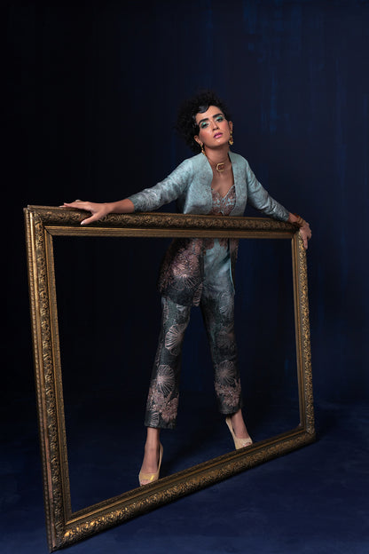 Aqua blue green ombre jacquard weave jacket set