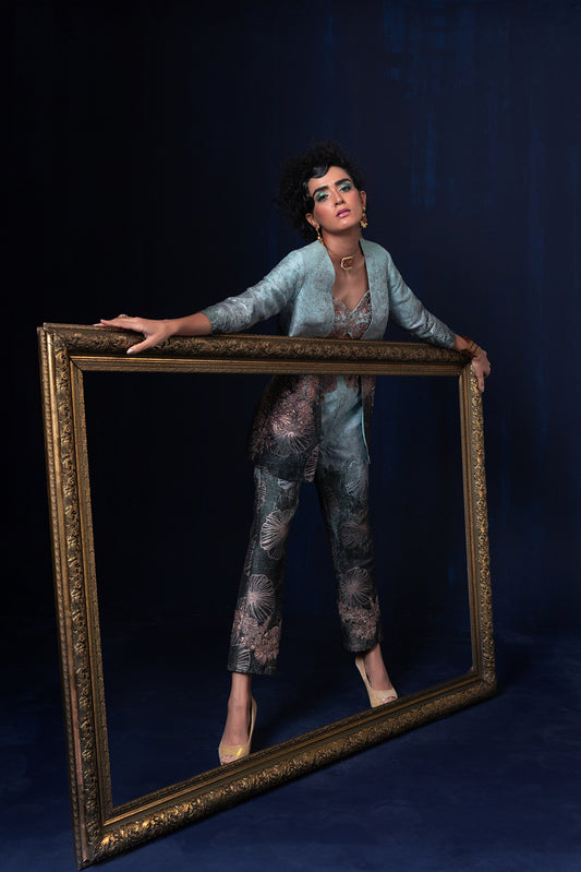 Aqua blue green ombre jacquard weave jacket set