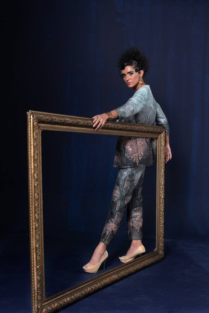 Aqua blue green ombre jacquard weave jacket set