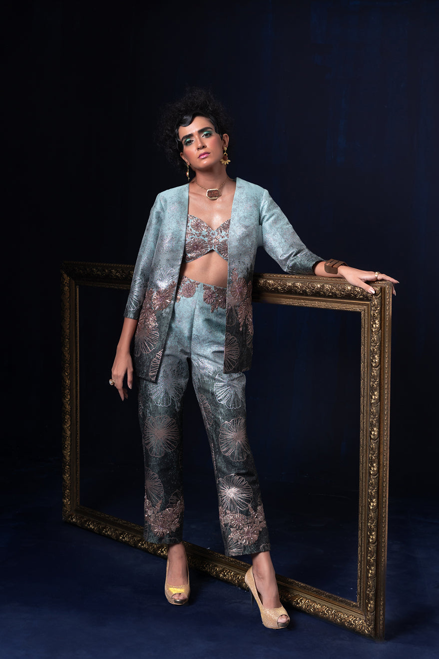 Aqua blue green ombre jacquard weave jacket set