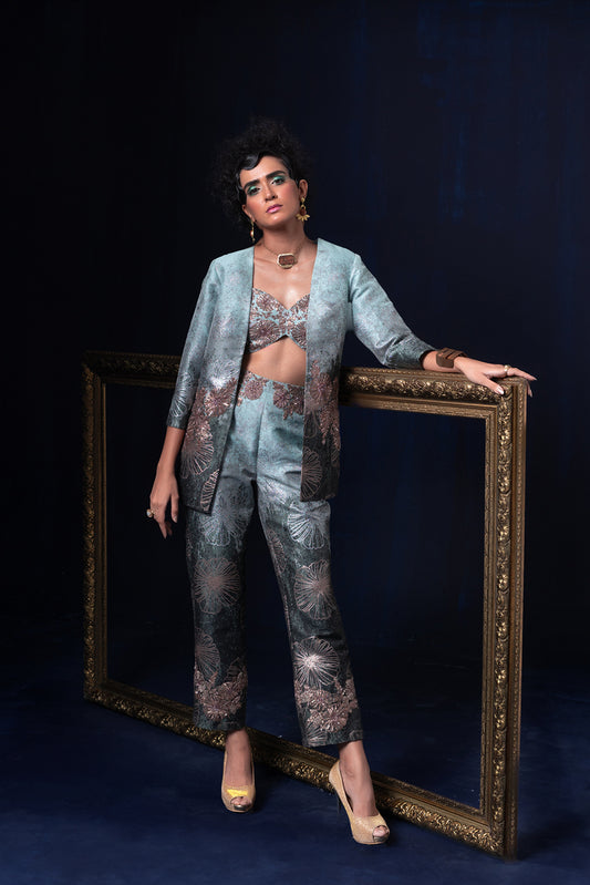 Aqua blue green ombre jacquard weave jacket set