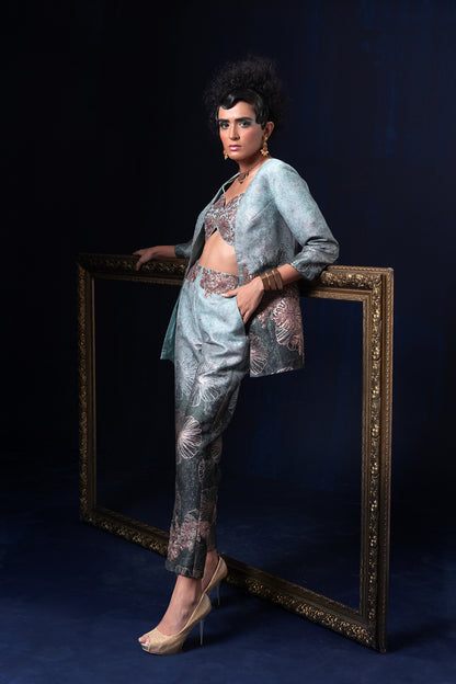 Aqua blue green ombre jacquard weave jacket set