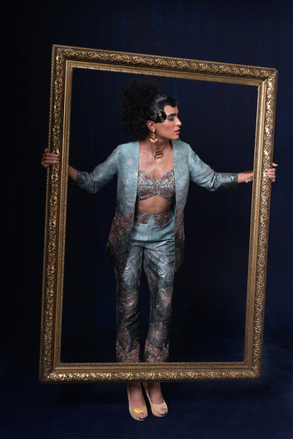 Aqua blue green ombre jacquard weave jacket set