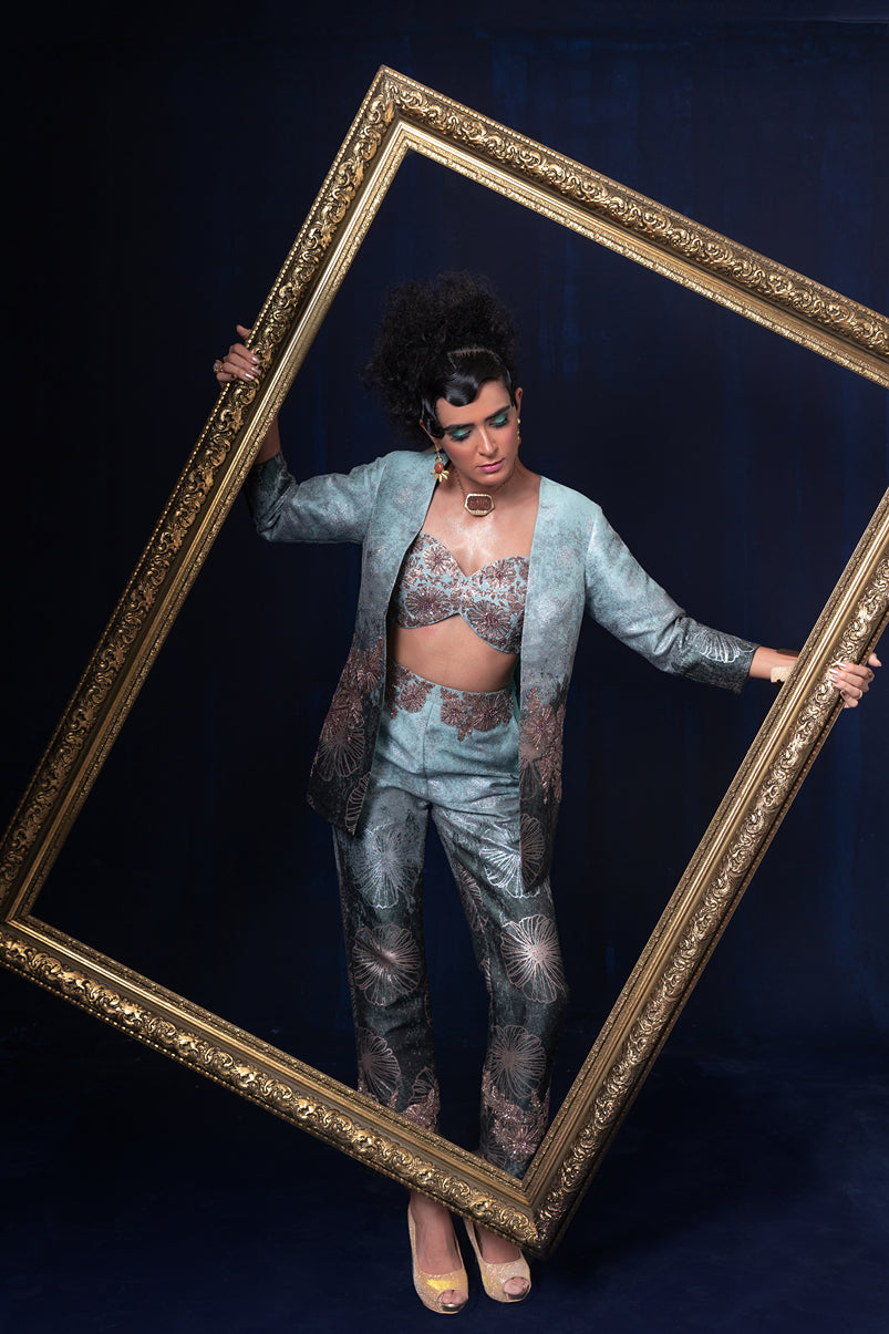Aqua blue green ombre jacquard weave jacket set