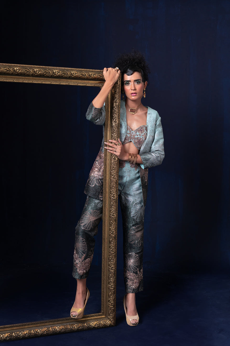 Aqua blue green ombre jacquard weave jacket set