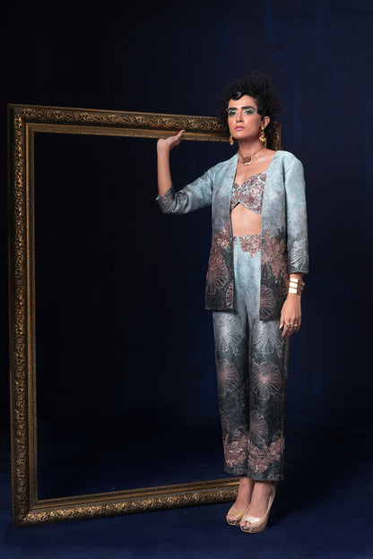 Aqua blue green ombre jacquard weave jacket set