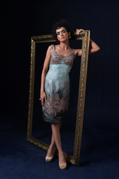 Aqua blue green ombre jacquard weave dress
