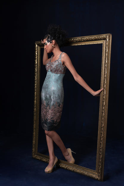Aqua blue green ombre jacquard weave dress