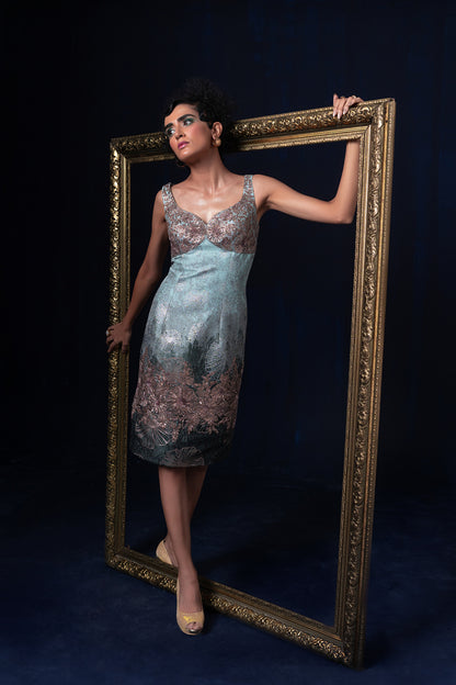 Aqua blue green ombre jacquard weave dress