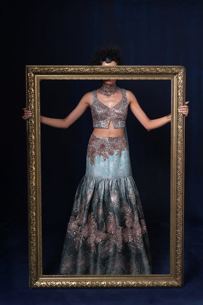 Aqua blue green ombre jacquard weave Lehnga set with deep sweet heart neckline blouse