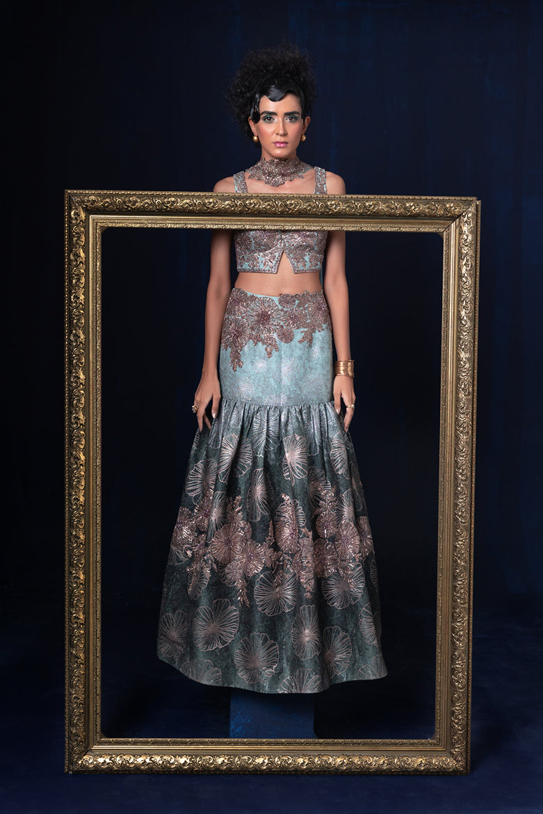 Aqua blue green ombre jacquard weave Lehnga set with deep sweet heart neckline blouse