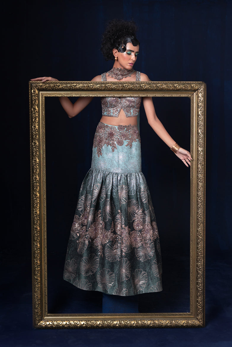 Aqua blue green ombre jacquard weave Lehnga set with deep sweet heart neckline blouse