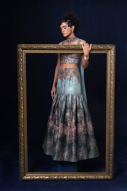 Aqua blue green ombre jacquard weave Lehnga set with deep sweet heart neckline blouse