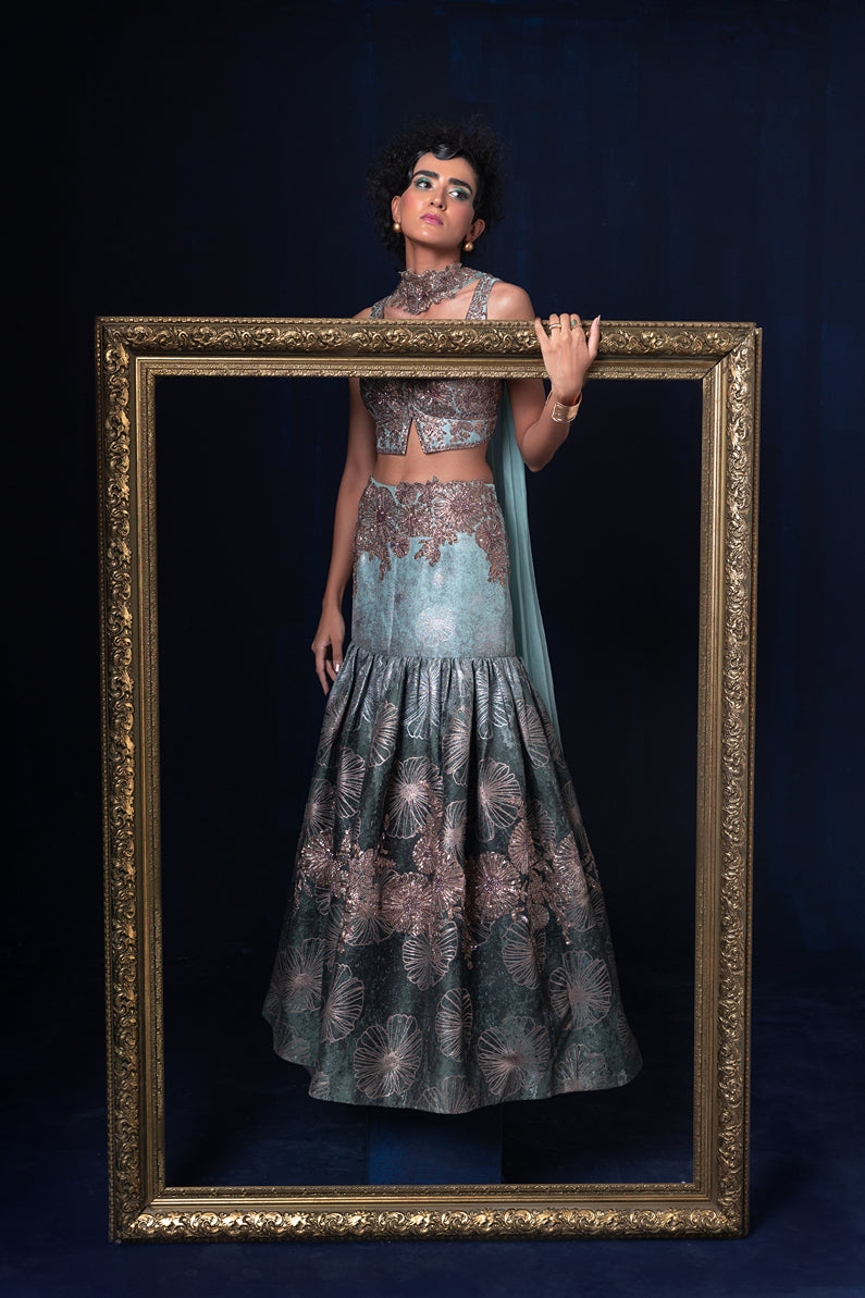 Aqua blue green ombre jacquard weave Lehnga set with deep sweet heart neckline blouse