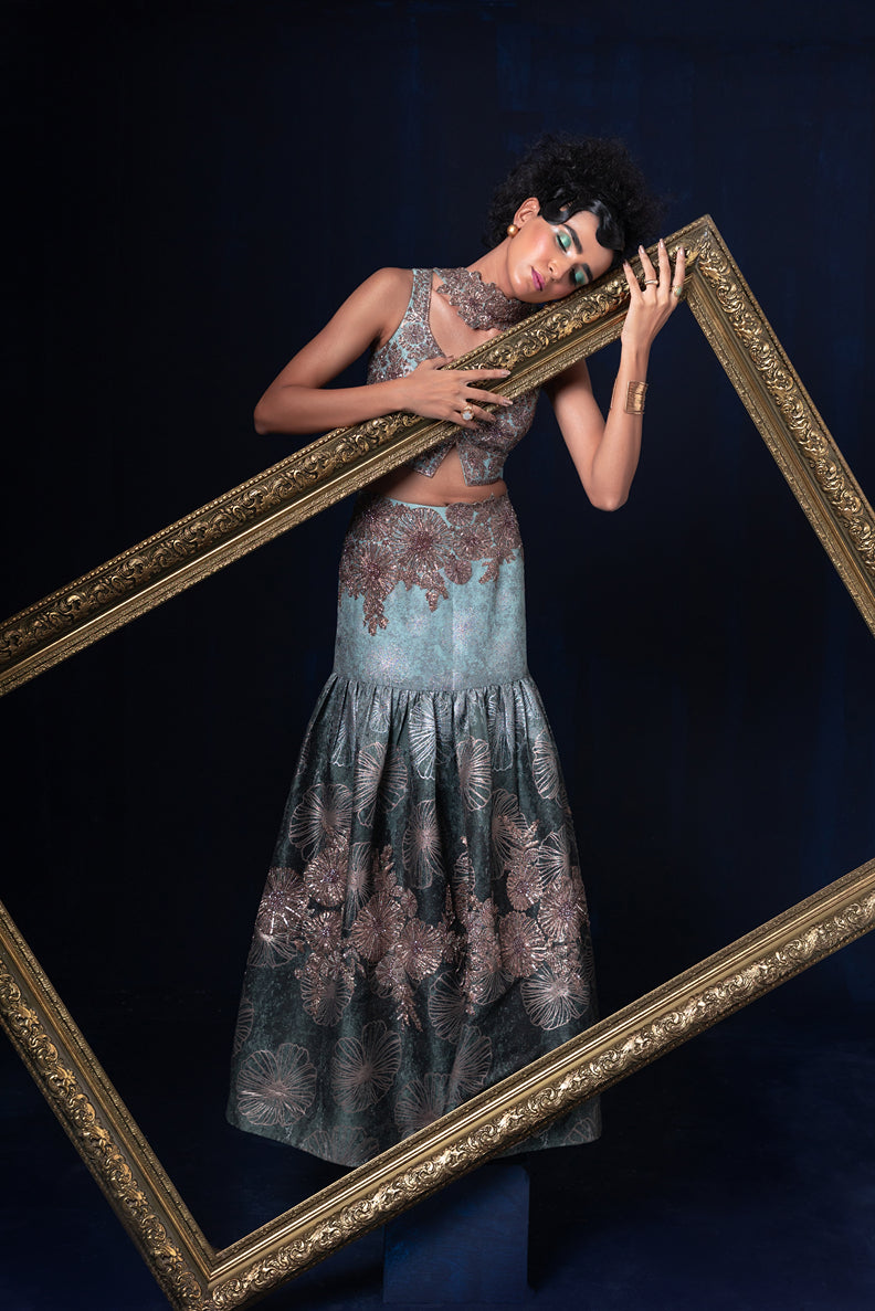 Aqua blue green ombre jacquard weave Lehnga set with deep sweet heart neckline blouse
