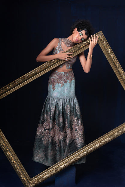 Aqua blue green ombre jacquard weave Lehnga set with deep sweet heart neckline blouse