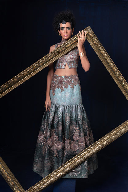 Aqua blue green ombre jacquard weave Lehnga set with deep sweet heart neckline blouse