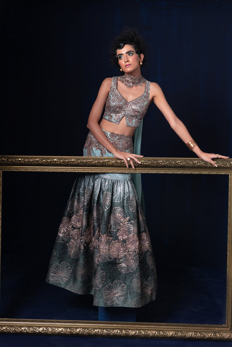 Aqua blue green ombre jacquard weave Lehnga set with deep sweet heart neckline blouse