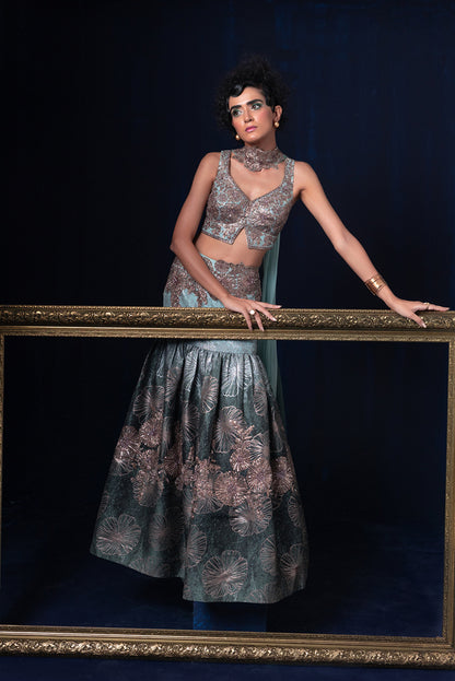Aqua blue green ombre jacquard weave Lehnga set with deep sweet heart neckline blouse