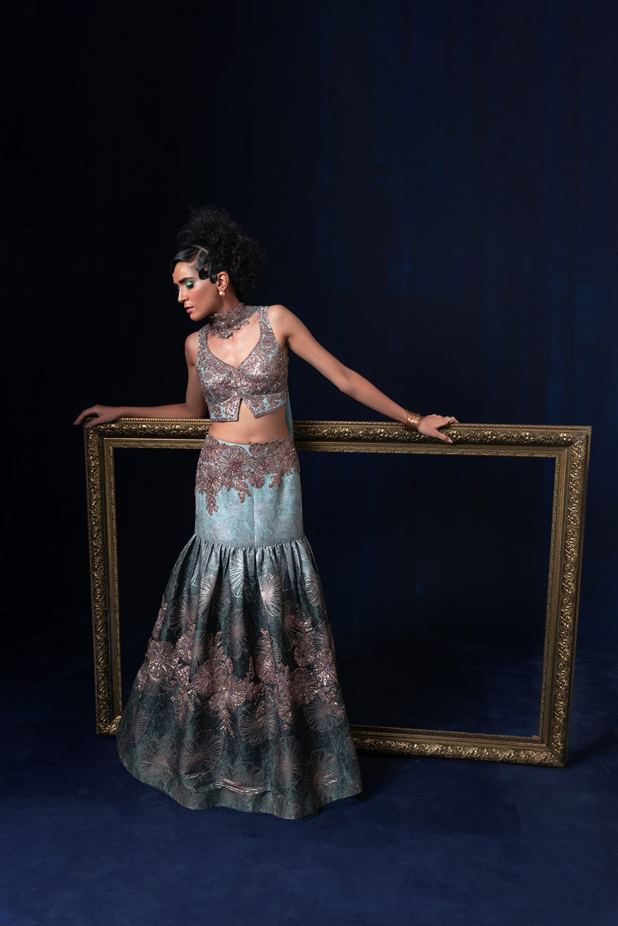Aqua blue green ombre jacquard weave Lehnga set with deep sweet heart neckline blouse
