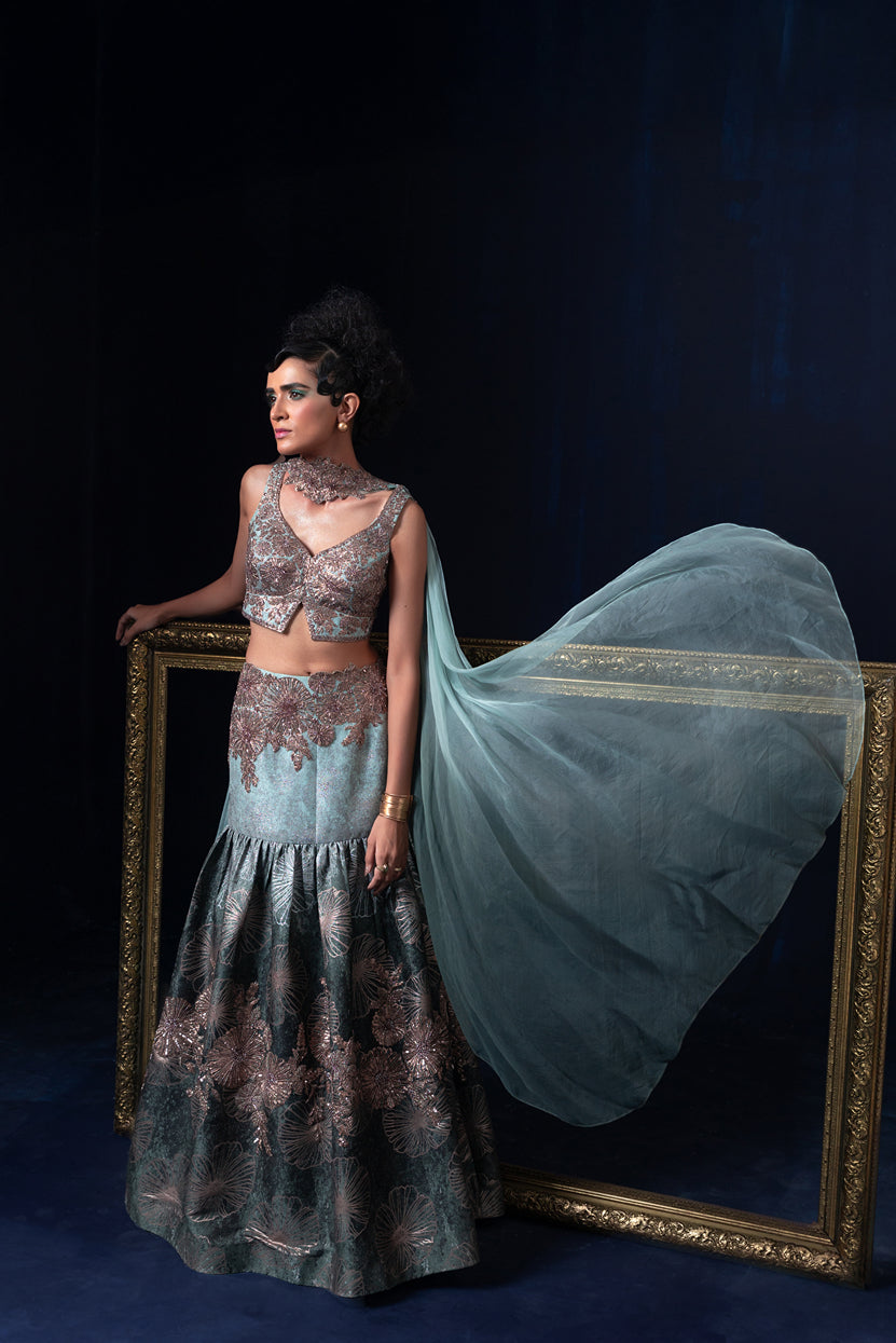 Aqua blue green ombre jacquard weave Lehnga set with deep sweet heart neckline blouse