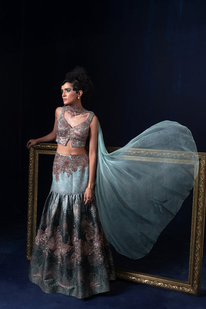 Aqua blue green ombre jacquard weave Lehnga set with deep sweet heart neckline blouse