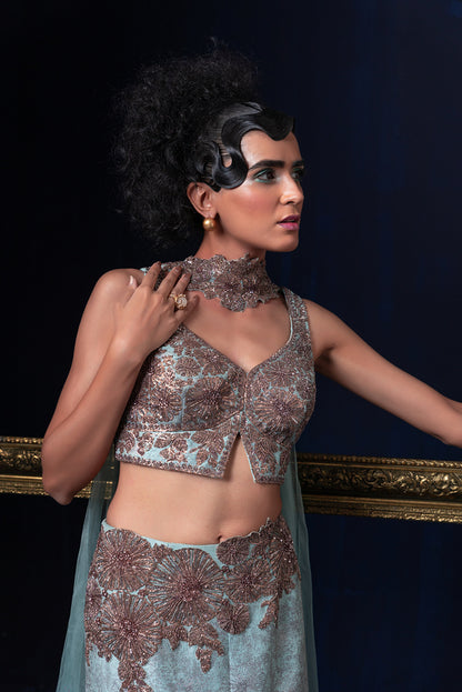Aqua blue green ombre jacquard weave Lehnga set with deep sweet heart neckline blouse