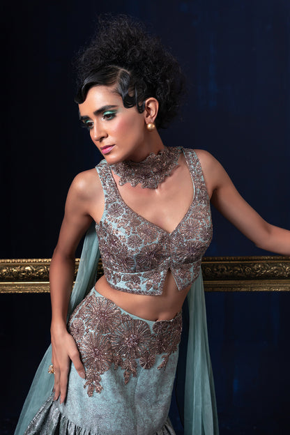Aqua blue green ombre jacquard weave Lehnga set with deep sweet heart neckline blouse