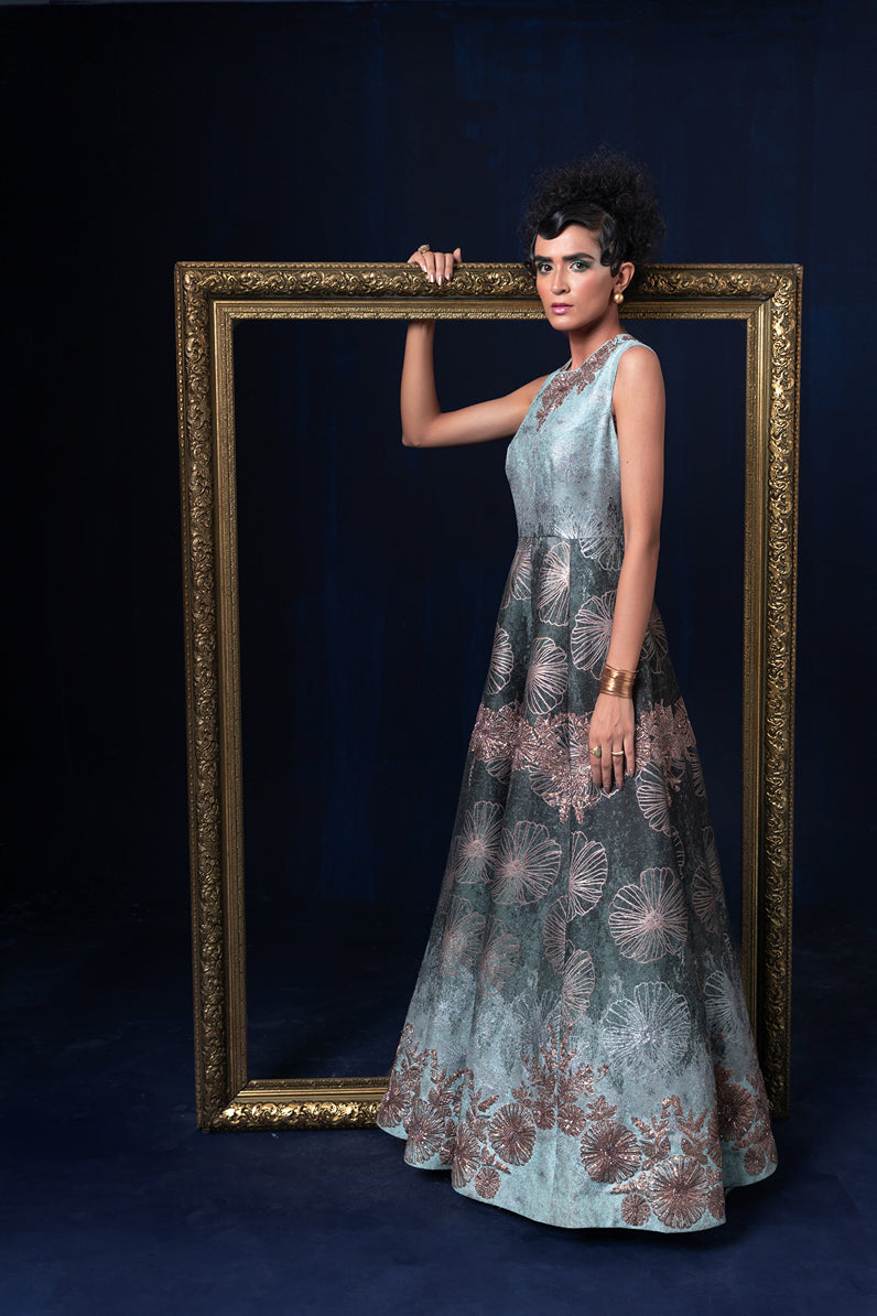Aqua blue green ombre jacquard weave gown