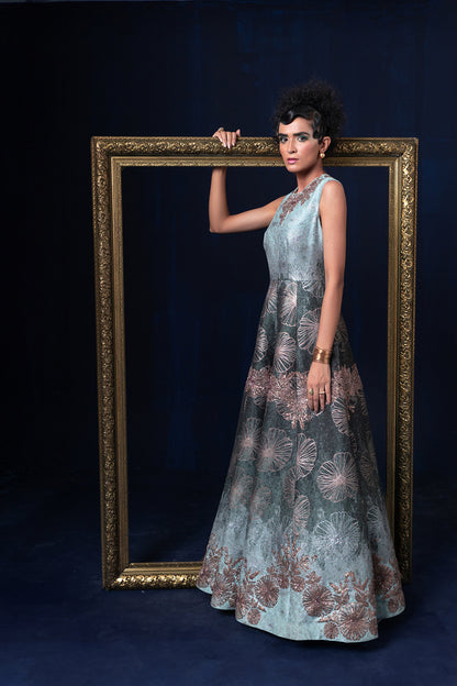 Aqua blue green ombre jacquard weave gown