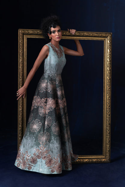Aqua blue green ombre jacquard weave gown