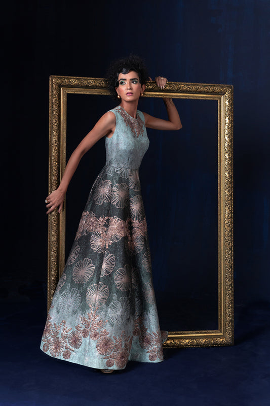 Aqua blue green ombre jacquard weave gown