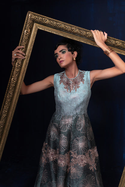 Aqua blue green ombre jacquard weave gown