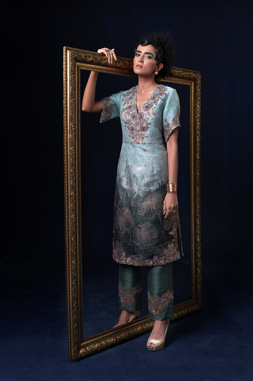 Aqua blue green ombre jacquard weave straight tunic