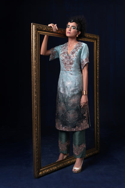 Aqua blue green ombre jacquard weave straight tunic