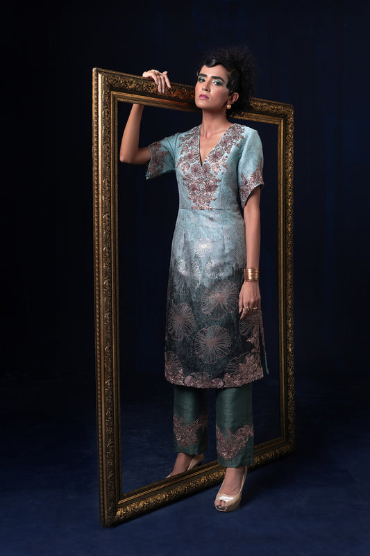 Aqua blue green ombre jacquard weave straight tunic