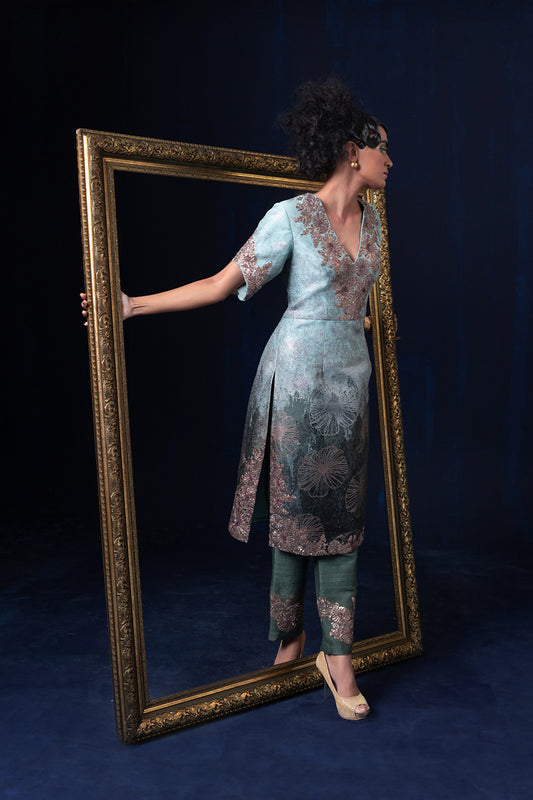 Aqua blue green ombre jacquard weave straight tunic