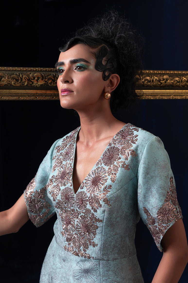 Aqua blue green ombre jacquard weave straight tunic