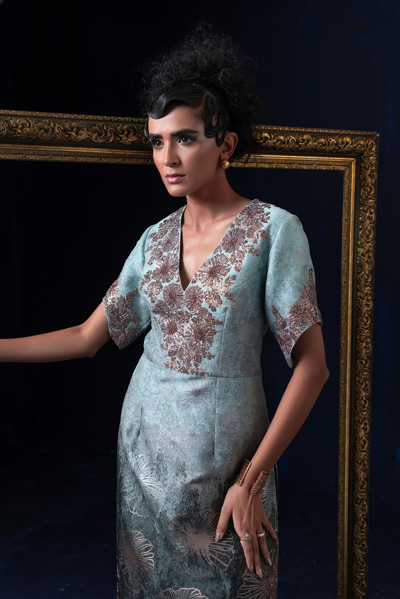 Aqua blue green ombre jacquard weave straight tunic