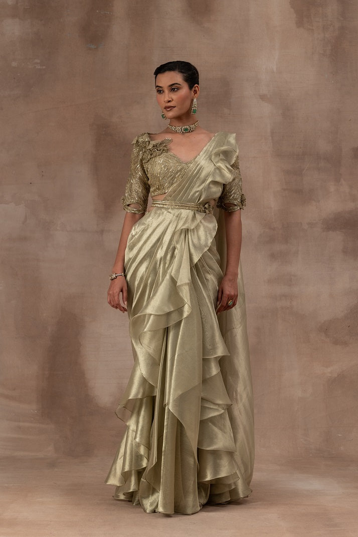 Metal green tissue drape sari with frills combined with blouse and waist belt